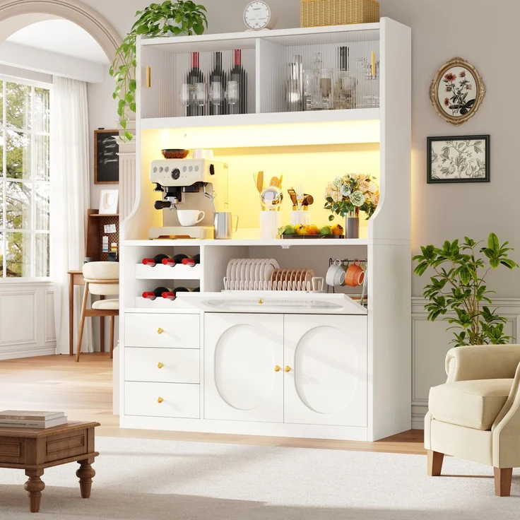Sideboard 120x40x180 cm mit RGB-LED, Glasschiebetüren, Schubladen und Klapptüren, Weiß – Bild 1