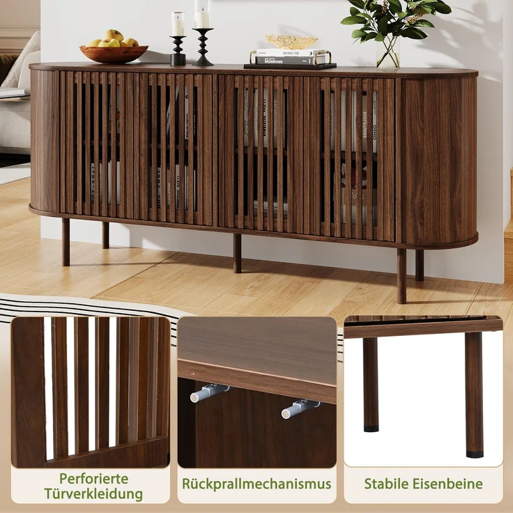 Merax 160x40x70cm Sideboard aus MDF mit 4 perforierten Schiebetüren, Kommode mit verstellbaren Einlegeböden und stabilen Metallbeinen, Wohnzimmer Buffet-Schrank, Walnussholzfarbe – Bild 6