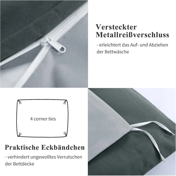 Wendebettwäsche 135x200 Grau 4tlg Mikrofaser Reißverschluss – Bild 3