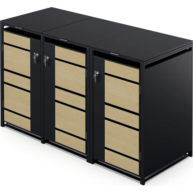 Blumfeldt BinSafe Mülltonnenbox – Wetterfest, Verzinkter Stahl, Für 60L/120L/240L, Schloss, Modernes Design, Mülltonnenverkleidung für 3 Tonnen, Ahorn & Schwarz – Bild 2
