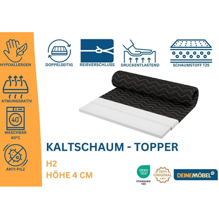 Deine Möbel 24, Topper Kaltschaum-TOPPER 4cm/H2, 4 cm hoch, 80x200/90x200/100x200/120x200/140x200/160x200/180x200/200x200 – Bild 2