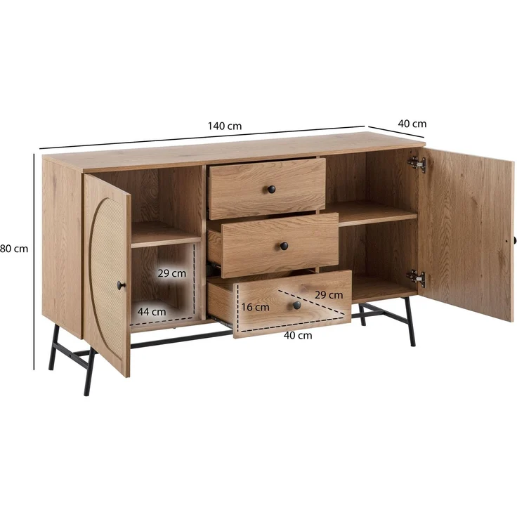 FINEBUY Sideboard FB103436 (140x80x40 cm Anrichte, Eiche-Dekor Rattangeflecht), Kommode Türen & Schubladen, Hoher Kommodenschrank – Bild 3