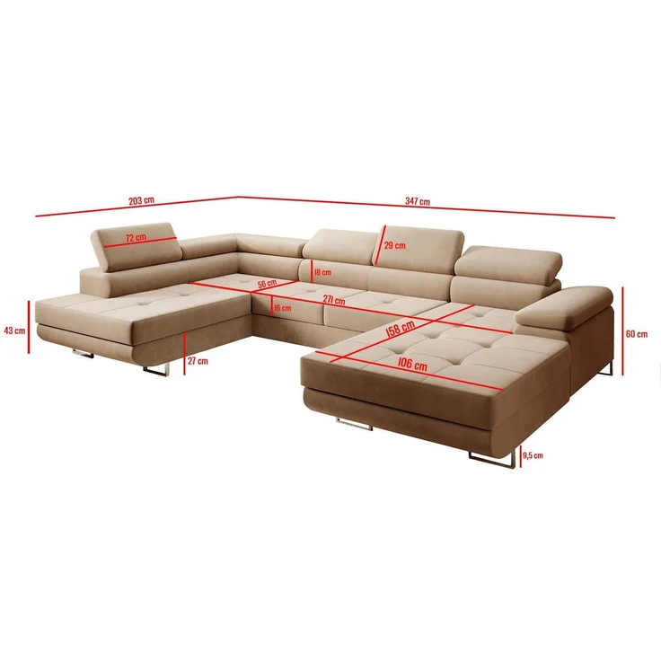 Sofa FERRO, moderne Couch mit verstellbaren Kopfstützen, ausziehbare Polstercouch, Sofa mit Schlaffunktion, zwei Bettkästen, U- Form - Monolith 92, 72 x 201 x 335 cm – Bild 3