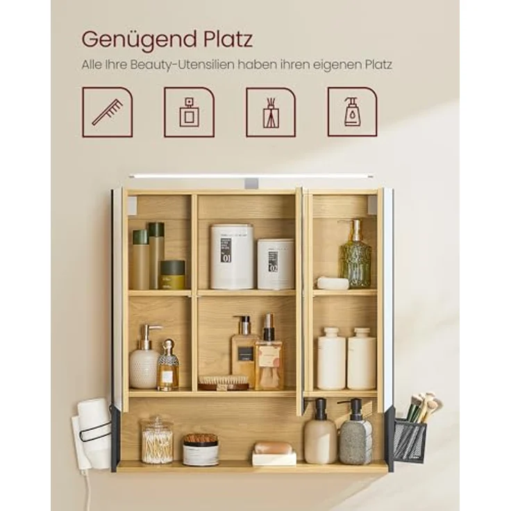 VASAGLE Badezimmerschrank mit LED-Beleuchtung, 14,5 x 70 x 70 cm, Stecker, Hängekorb, Haartrockner-Halter, Spiegelschrank, Badschrank, Wandschrank, für Badezimmer, natureichenfarben BBK124Y01 – Bild 6