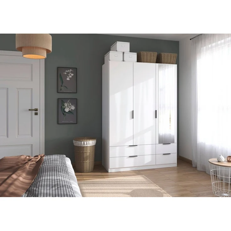 Rauch Möbel Lagoa, Kleiderschrank, Garderobe für Schlafzimmer, Kinderzimmer, Jugendzimmer 3-türig mit Spiegel, 4 Schubladen, mit Zubehör Classic, Farbe Weiß, Breite 136 – Bild 2