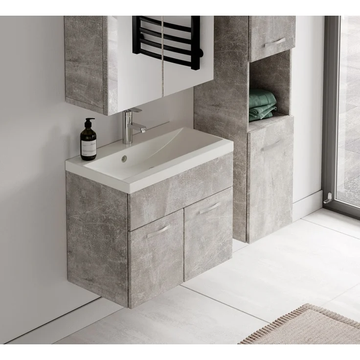 Badplaats Badmöbel Komplettset Montreal 60x35 cm Beton Grau - Badezimmermöbel mit Waschbecken und Spiegelschrank – Bild 5