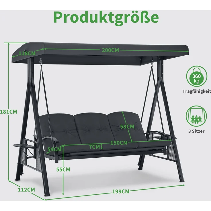M MCombo 3-Sitzer Hollywoodschaukel mit Liegefunktion, Verstellbarem Sonnendach & Getränkehalter, Gartenschaukel bis 360kg Belastbar Schaukelbank Outdoor Wetterfest, 4093 (dunkgelgrau) – Bild 3