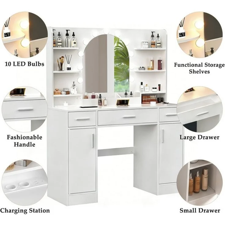 oyajia Schminktisch 110*40*140CM Frisiertisch mit 2 AC-Steckdosen, 1 USB-A und 1 USB-C (Frisiertisch weiß mit Spiegel), Mit LED-Beleuchtung, 3 Schubladen, 6 Fächer – Bild 4