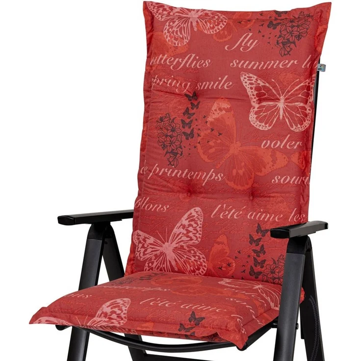 KETTtex Hochlehnerauflage Hochlehner Bali 2386 rot Schmetterlinge 120x49x8 cm KETTtex, (1 St), Halteband verstellbar mit Bindebändern