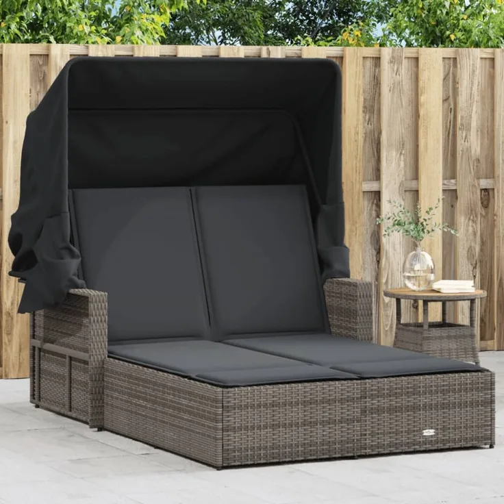 vidaXL Doppel-Sonnenliege mit Dach und Auflagen Grau Poly Rattan 365809