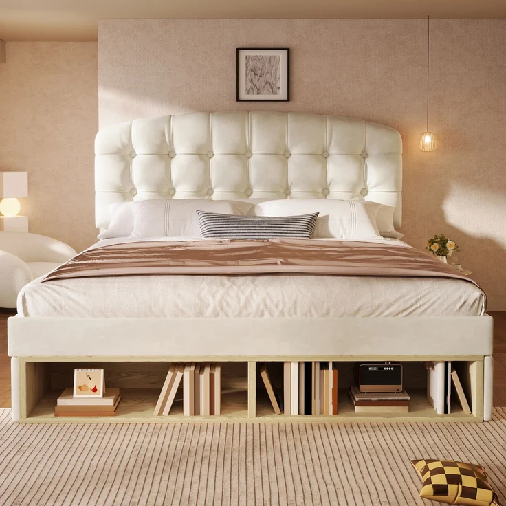 Merax Doppelbett 140x190 cm, Polsterbett mit Lattenrost, Bettgestell mit gebogenem höhenverstellbarem Kopfteil, Bett mit Schubladen und Stauraum, Samt, Beige – Bild 3