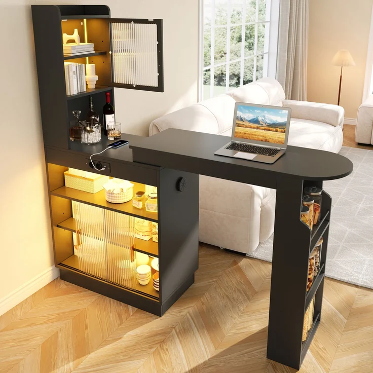 ZUBALIYA Küchenschrank mit Glastüren / Barschrank & Sideboard, mit ausziehbarer Bartisch & Stehtisch mit Stauraum und steckdose, Schwarz, 131–170 x 40 x 170 cm, fürs Büro, mit LED, Samt – Bild 2