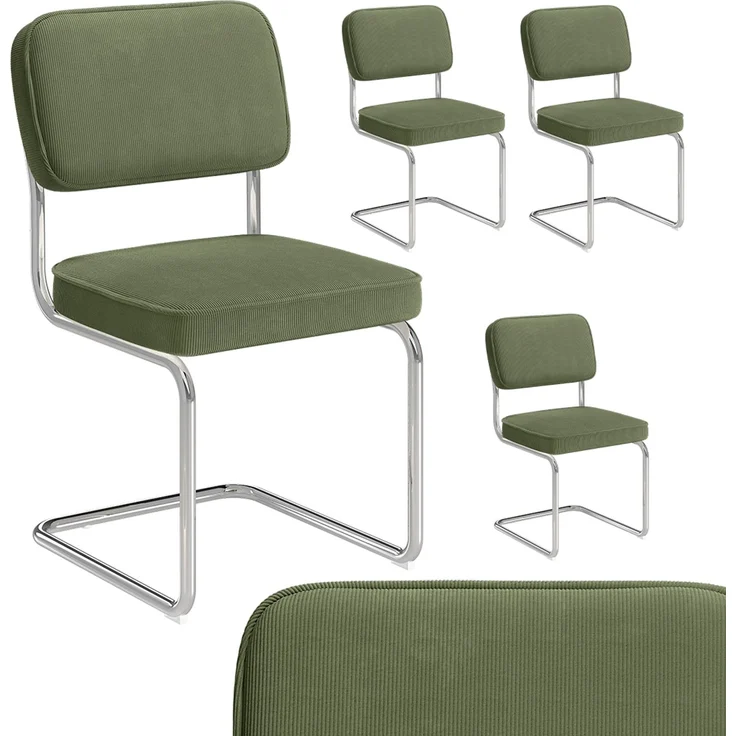 skølm 'Thund' Esszimmerstühle 4er Set, dunkelgrün, Polsterstuhl aus Cord mit verchromten Metallgestell, Schwingstuhl bis 120 kg belastbar – Bild 1