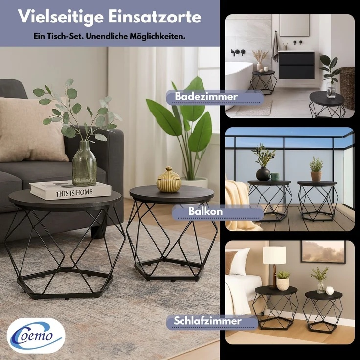 Coemo Couchtisch Duett 2-er Set stillvolle Metallbeine in Schwarz – Bild 5