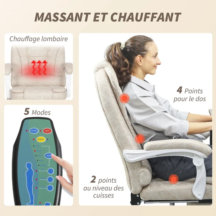 Massage- und Heiz-Bürosessel, Bürostuhl, höhenverstellbar, neigbare Rückenlehne, 65 x 70 x 111–119 cm, cremefarben – Bild 6