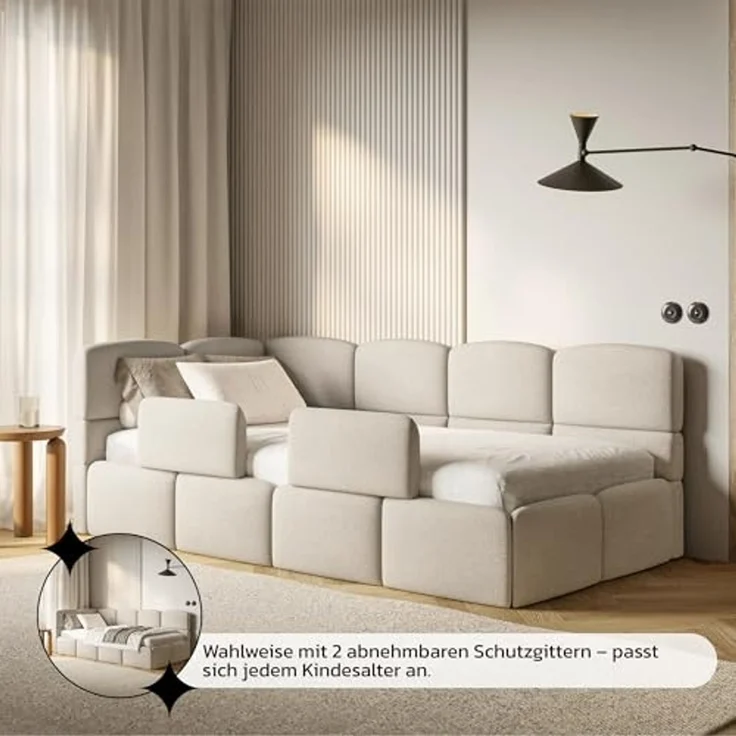 Selsey 'Cloudy' Kinderbett 120 cm, Bettkasten, 2x Rausfallschutz, Chenille, links, Creme – Bild 7