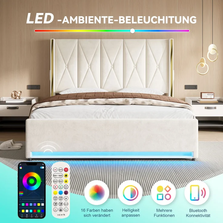 LVHOM Polsterbett mit Stauraum, Doppelbett mit LED, USB-Anschlüsse und Seitentaschen, Funktionbett, 180x200 cm, Beige – Bild 6