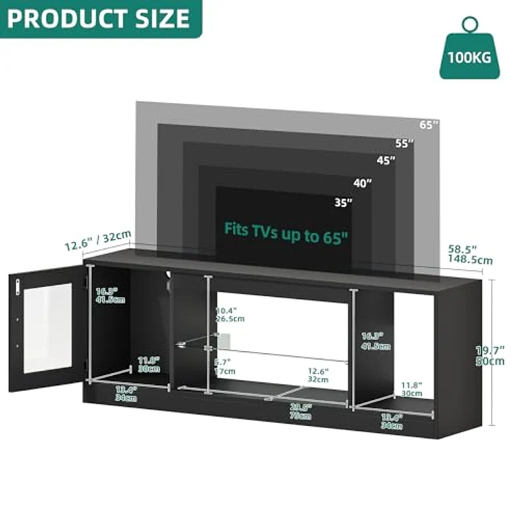 YITAHOME TV Schrank, TV Lowboard LED Schwarz - Fernsehschrank Fernsehtisch mit RGB-LED-Leuchten Lowboard Glasregal Fächern für 65 Zoll & kleinere TVs,für Wohnzimmer Schlafzimmer, B148 x H51 x T32 cm – Bild 3