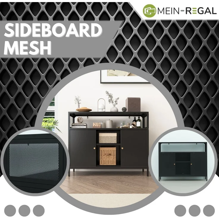 Mein-Regal Sideboard Mesh aus Metall mit Ablage und 2 Schiebetüren Schwarz – Bild 6