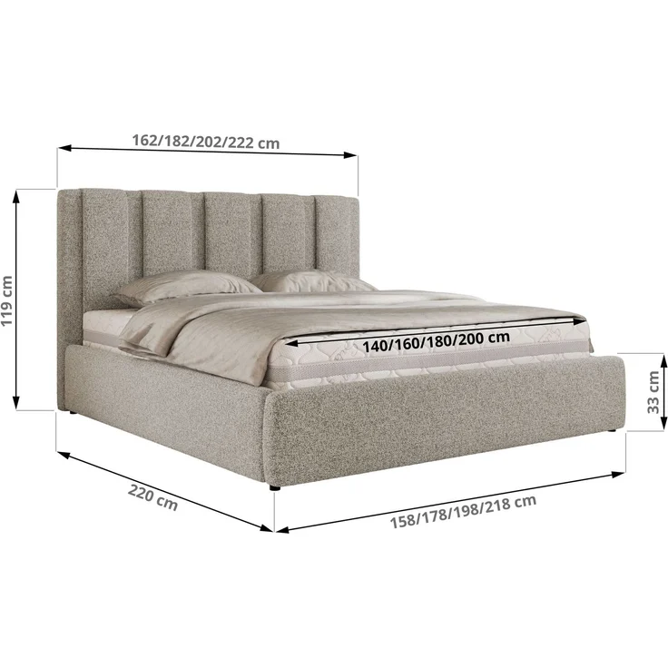Polsterbett SAVINO CLASSIC mit Bettkasten und Lattenrost Doppelbett 140 x 200 cm mit hohem Kopfteil Stauraumbett Bett mit Gasdruckfeder - Hellgrau Stukture – Bild 6