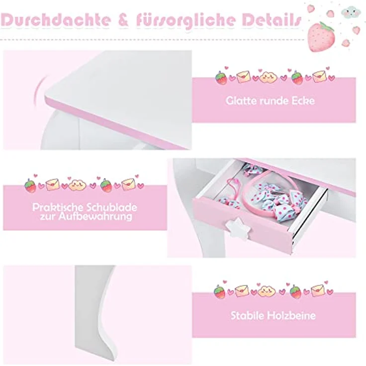 COSTWAY Kinder Schminktisch mit Hocker, rosa Frisierkommode, Prinzessin Frisiertisch mit Schublade & Abnehmbarer Spiegel, Schminkkommode für Mädchen von 3-7 Jahren (Weiß) – Bild 7