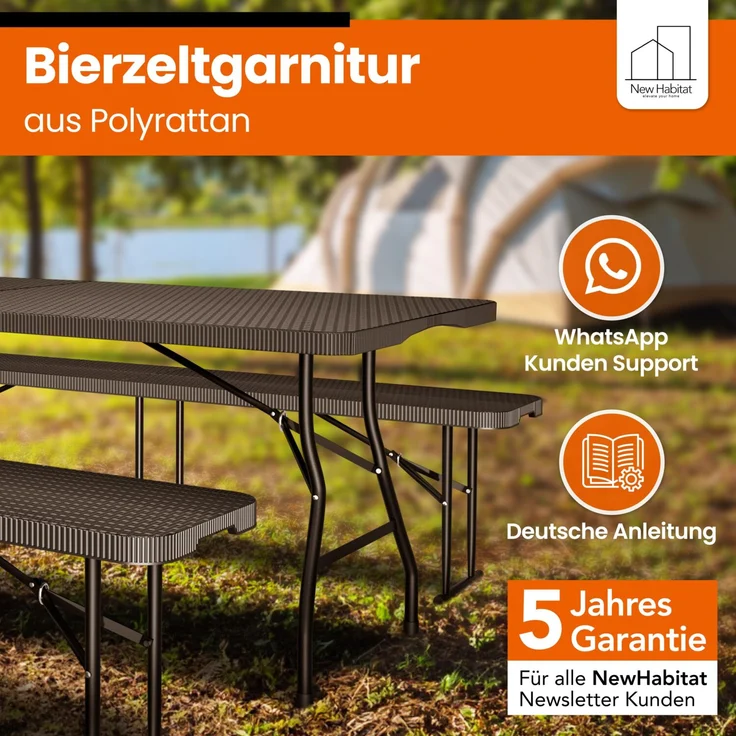 NewHabitat Bierzeltgarnitur 3-tlg., klappbar & wasserabweisend, Polyrattan, 1 Tisch & 2 Bänke – Bild 1
