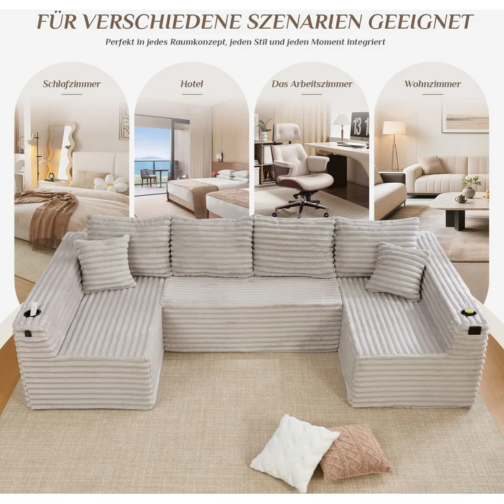 U-förmige Cord-Wohnlandschaft 320 cm mit Getränkehaltern, Seitentaschen und 6 Kissen, modulares Sofa mit Schaumstoff-Feder-Polsterung, Hellgrau – Bild 8