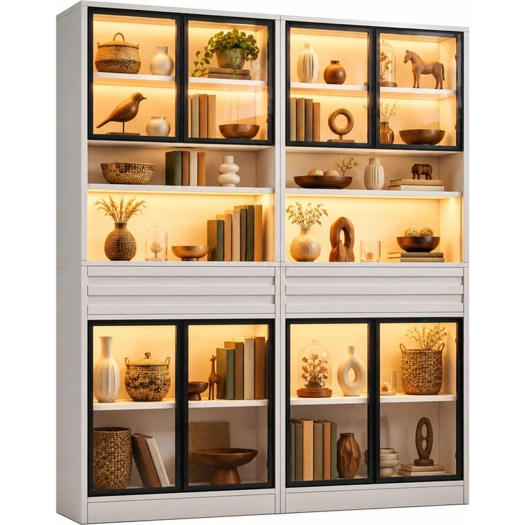 DESVIAE Regal-Set 2-tlg. Weiß aus MDF – 160x200x35 cm – 8 Glastüren, 2 Schubladen, LED-Beleuchtung – Bild 7