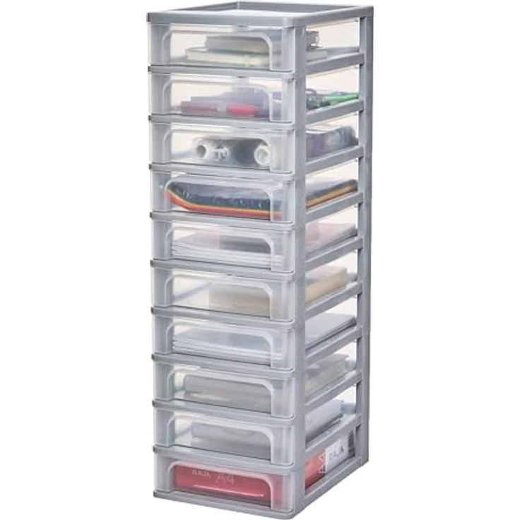 Iris Ohyama, Kunststoff Schubladenbox mit 10 tiefen Schubladen, Grau, Easy-Pull-System, A4, A5 & A6 Format, Schreibtisch Organizer für Büro, Schule, Schreibwaren, BPA-frei, Schubladenschrank, OCH-2100 – Bild 5