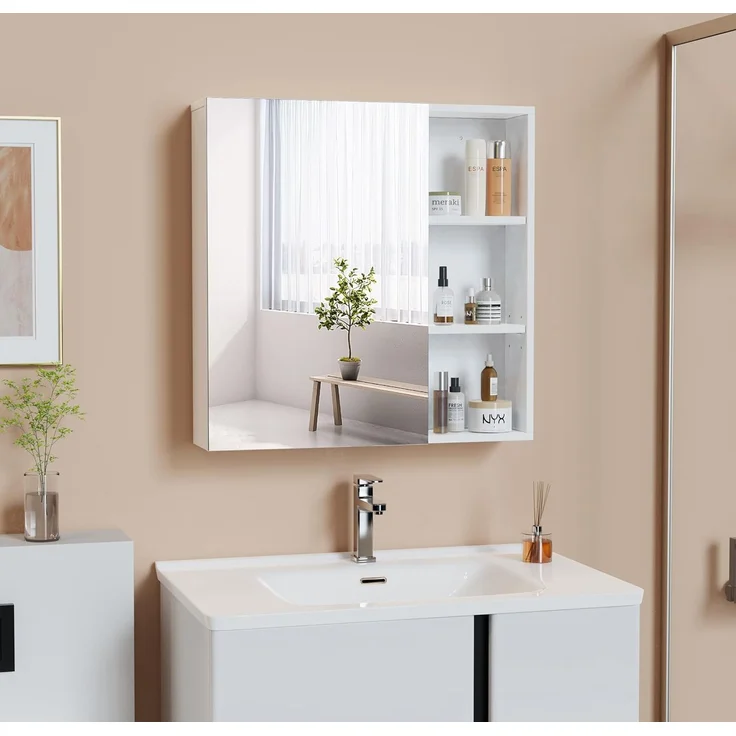 Mondeer Badezimmerschrank mit Spiegel, Spiegelschrank Bad der Wand montiert mit 1 Tür und 1 Tropfschale verstellbaren Ablagen moderner Stil, 65 x 15 x 65 cm, Weiß – Bild 2