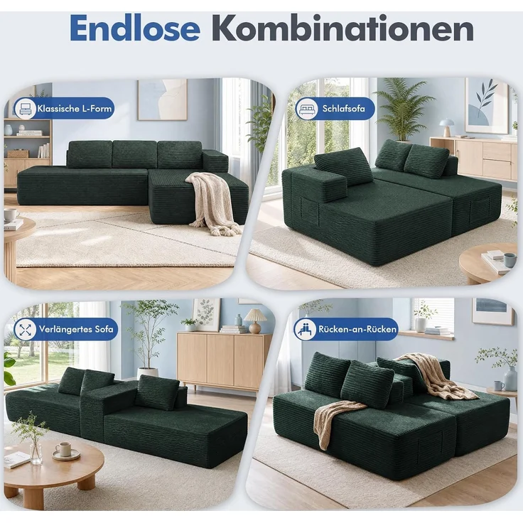 COMHOMA Ecksofa mit Schlaffunktion, 255cm Corduroy Modulares Boneless Couch mit Chaiselongue & Rücken-Metallgestell, L-Form Schlafsofa mit offenem Design, Kissen & Seitentaschen,für Wohnzimmer, Grün-L – Bild 5