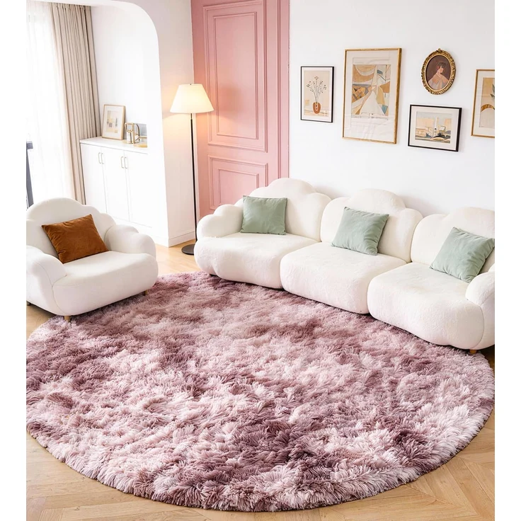 ROHATIM Teppich Schlafzimmer Rund 150 cm Lila-rosa Waschbar Rutschfester Runder Hochflorteppich Wohnzimmer Kinderzimmer Mädchen Flauschig