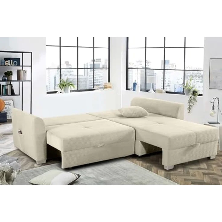 Ecksofa L-Form Couch Polsterecke Schlaffunktion Bettkasten Cord in Beige Grau – Bild 7