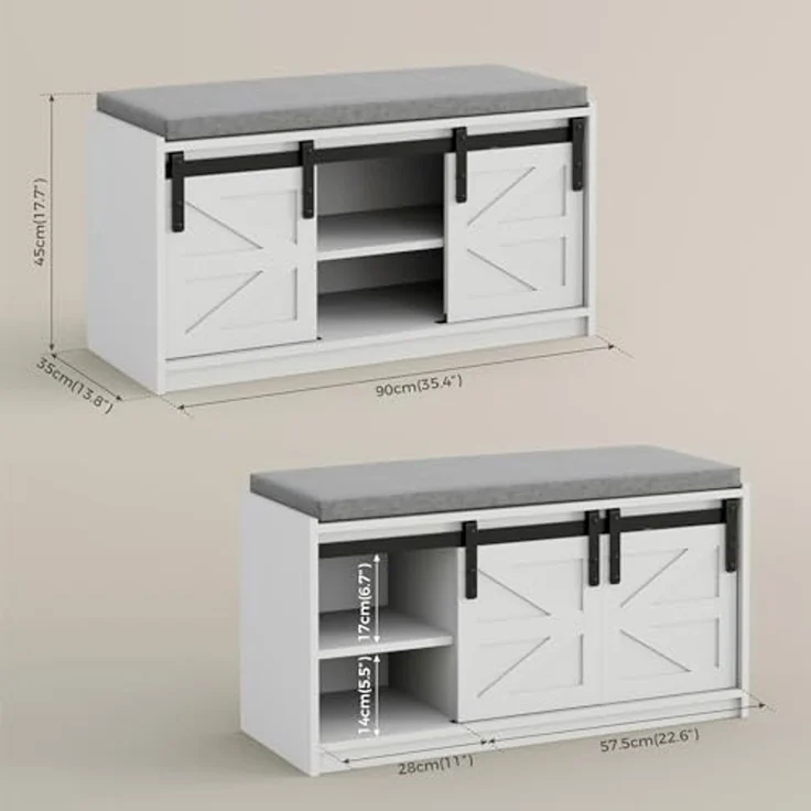 Mondeer Schuhbank mit Sitzfläche, Sitzbank mit Stauraum und Schiebetüren Abnehmbarem Sitzkissen, für Flur Eingang Schlafzimmer, 90 x 45 x 35 cm, Weiß – Bild 3