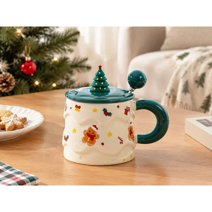 Keramik-Weihnachtstasse mit Deckel und Löffel Kaffeetasse Grün 16 x 12 x 14 cm – Bild 2