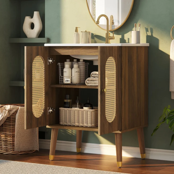Waschbeckenunterschrank 61 x 47 x 89 cm aus MDF mit Keramikbecken und Rattan-Doppeltüren – Bild 3