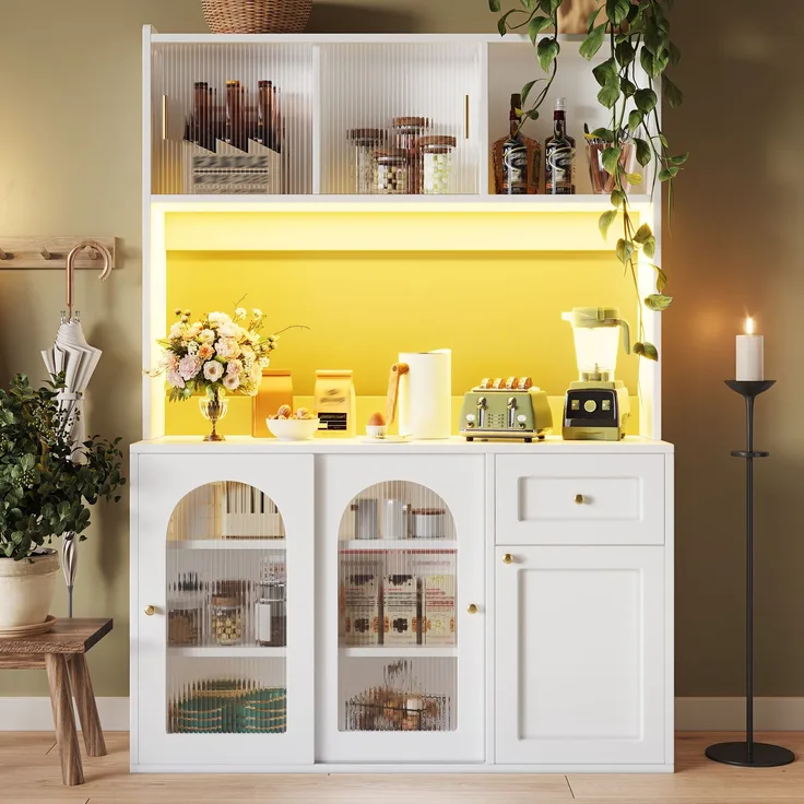 Küchenschrank, Hochschrank, Vitrinenschrank, Buffetschrank mit Verstellbaren Ablagen, Esszimmerschrank, Sideboard mit LED-Beleuchtung, Weiß--Weiß--120x35x167cm--YOUDENOVA