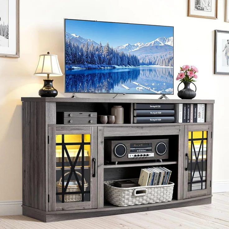VEVOR TV-Ständer für Fernseher bis zu 65 Zoll, TV Tisch mit Lichtleiste, TV-Schrank aus Holz mit Glastüren & verstellbaren Regalen, Konsolentisch Fernsehschrank für Wohnzimmer Schlafzimmer, Grau – Bild 1