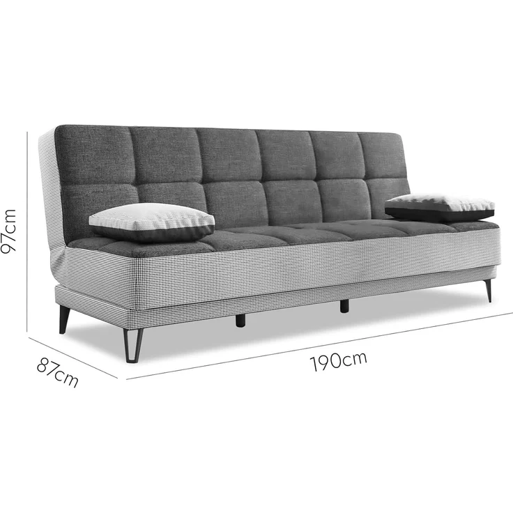Dmora Jordi, 3-Sitzer Schlafsofa mit schwarzen Metallfüßen, Sofa aus gepolstertem Stoff mit klick-Klack-Öffnung, 190 x 87 x 97 cm, Grau, Metall – Bild 3