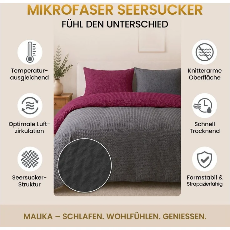 Malika Bettwäsche aus 100 % Mikrofaser, 1 x 155 x 220 + 1 x 80 x 80 cm, Seersucker, Bordo-Grau, Seersucker, 2 teilig, Für Allergiker geeignet, pflegeleicht, angenehm weicher Stoff – Bild 3