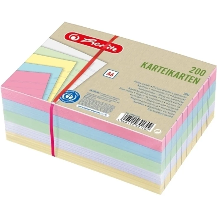 Herlitz Karteikarte A6 liniert farbig sortiert 4 Farben plus weiß Blauer Engel 200er Mehrfarbig A6 Liniertes Papier 180 g/m² 200 Stück(e) – Bild 1