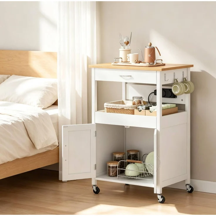 Küchenwagen 60x45x92 cm mit Schublade, Schrank und Rollen – Weiß in Bambus-Optik – Bild 2