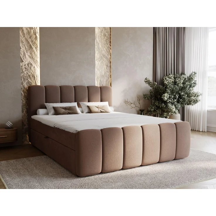GRAINGOLD Cloud Boxspringbett 160x200, Bett mit Bettkasten, Velour-Stoff, mit Kopfteil, Braun – Bild 1