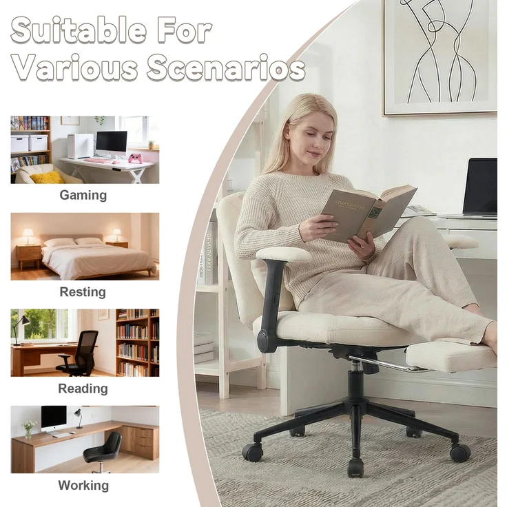 Bürostuhl, Drehstuhl, höhenverstellbarer Schreibtischstuhl mit Fußstütze, Belastbarkeit 150 kg, Gaming-Stuhl mit Armlehnen und Rollen, beige--Beige--86 x 55 x 80 cm--CHENHAONING – Bild 5