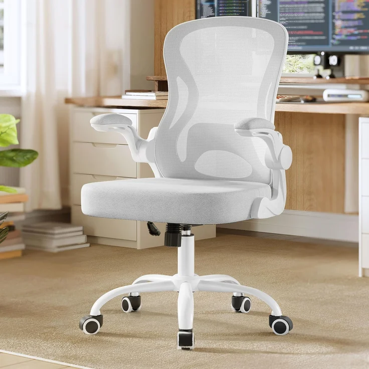 SONGMICS Bürostuhl ergonomisch, Drehstuhl mit Netzgewebe, Schreibtischstuhl mit Lendenstütze, Wippfunktion, klappbare Armlehnen, für Arbeitszimmer, Schlafzimmer, Taubengrau OBN042GD02