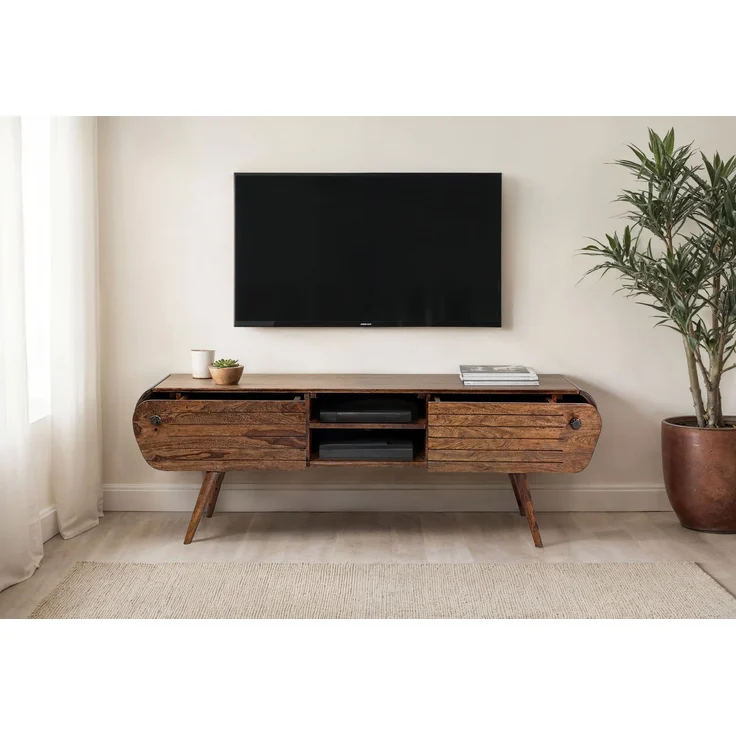 FINEBUY Lowboard TV Board Massivholz 160 cm Retro Schubladen Fächer (zwei Schubladen, 160x50x45 cm, Massivholz Vintage), TV-Schrank Retro Fernsehtisch, TV-Kommode Niedrig – Bild 4