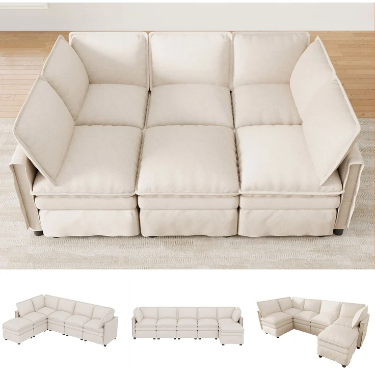 ZUBALIYA Wohnlandschaft 127x91 cm, mit Chenille - Bezug, mit Samtbezug, mit breiten Armlehnen, modular aufgebaut, Beige – Bild 1