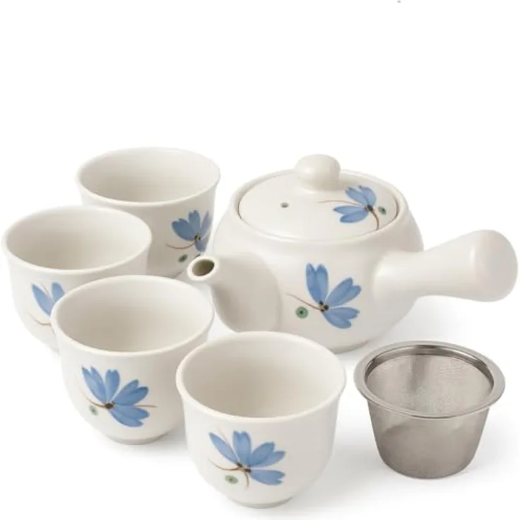 Goodwei Teeservice Japanisches Kyusu Teeset „Rindō“ – Seitengriffkanne mit Sieb, 4 Tassen (5-tlg), 1 Personen, Keramik, handgearbeitet