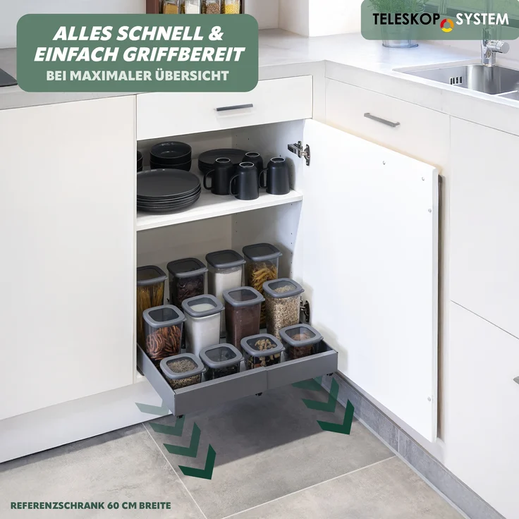 Teleskopschublade mit Einlegeboden, ausziehbar, Breite von 43-67 cm, zum Kleben oder Bohren, aus grauem Metall – Bild 2