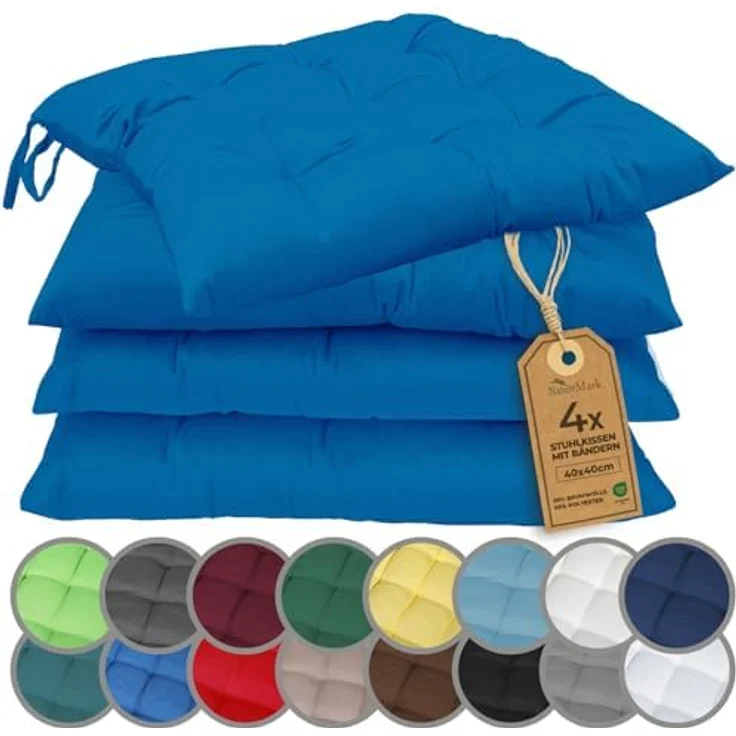 NatureMark 4er Set Stuhlkissen mit Bändern Gr. 40x40 cm Sitzkissen gefüllt, Royal Blau – Bild 2